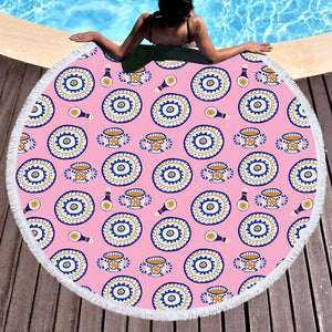 Vintage Blue White Royal Cup Plate Tea Pink Theme SWST4518 Round Beach Towel