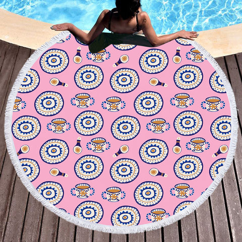 Image of Vintage Blue White Royal Cup Plate Tea Pink Theme SWST4518 Round Beach Towel