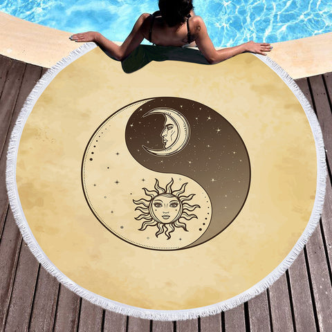 Image of Retro Yin Yang Sun and Moon Face SWST4519 Round Beach Towel
