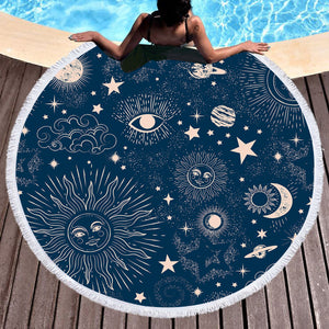 Retro Cream Sun Moon Star Sketch Galaxy Navy Theme SWST4520 Round Beach Towel