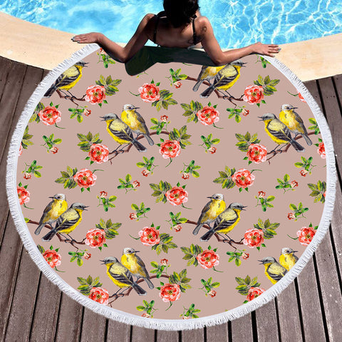 Image of Couple Sunbird and Pink Flowers SWST4533 Round Beach Towel