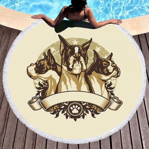 Image of Retro Golden Three Heads Bulldogs Old School Style SWST4535 Round Beach Towel