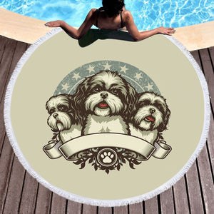 Retro Three Heads Cavalier King Charles Spaniel Superstar SWST4536 Round Beach Towel