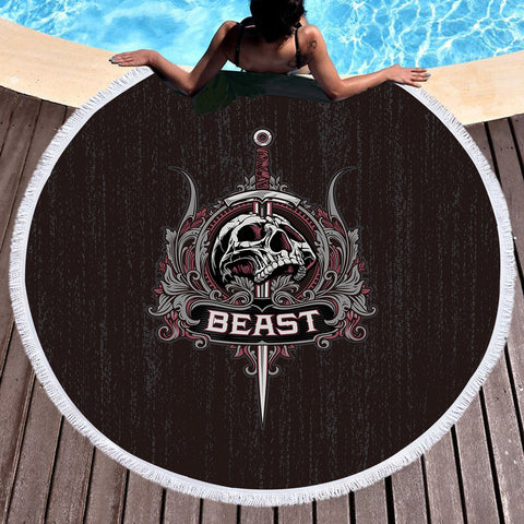 Image of Skull Knife Beast Metal Logo Black Theme SWST4540 Round Beach Towel