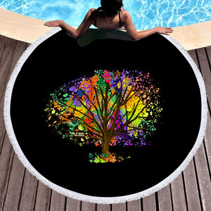 Multicolor Big Tree Black Theme SWST4577 Round Beach Towel