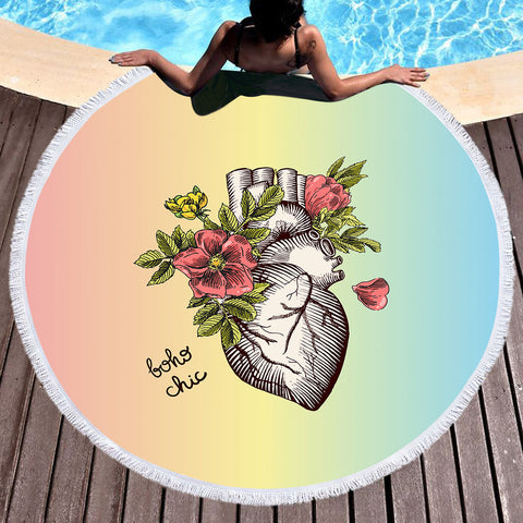 Image of Boho Chic Vintage Floral Heart Sketch SWST4578 Round Beach Towel