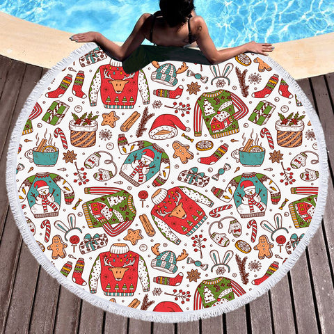 Image of Cartoon Christmas Clothes & Presents SWST4580 Round Beach Towel