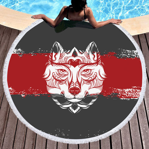 Image of Vintage Wolf Grey & Red Brush SWST4582 Round Beach Towel