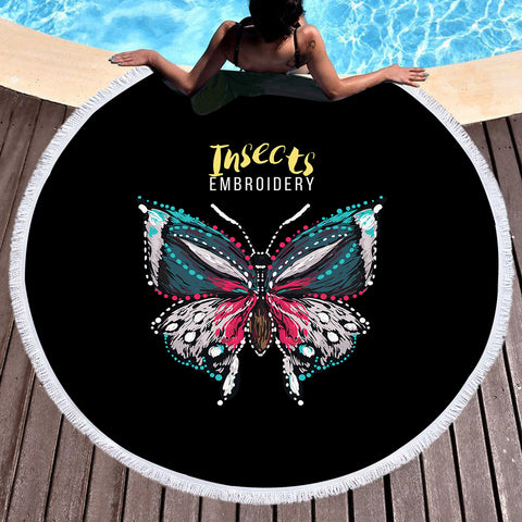 Image of Colorful Butterfly Embroidery Effect SWST4583 Round Beach Towel