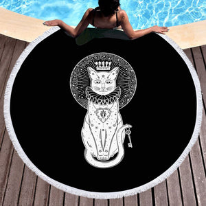 Royal White Cat Crown SWST4587 Round Beach Towel