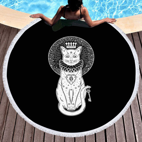 Image of Royal White Cat Crown SWST4587 Round Beach Towel