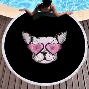 Pink Heart Sunglasses Pug SWST4588 Round Beach Towel