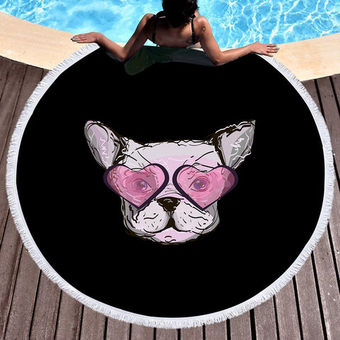 Image of Pink Heart Sunglasses Pug SWST4588 Round Beach Towel