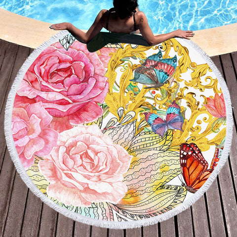 Image of Golden Royal Flowers & Butterflies SWST4592 Round Beach Towel