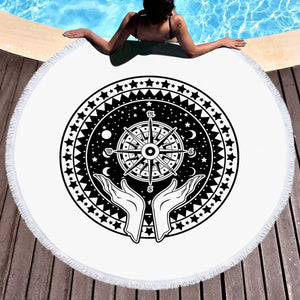 B&W Raising Hands Sign Compass SWST4596 Round Beach Towel