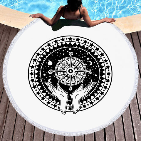 Image of B&W Raising Hands Sign Compass SWST4596 Round Beach Towel