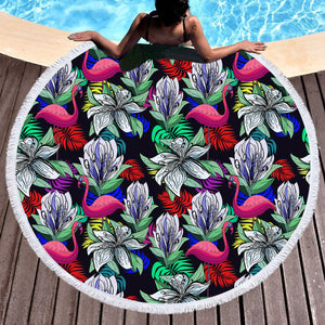 Multi Flamingos & Flowers Full Screen SWST4597 Round Beach Towel