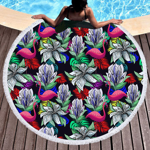 Image of Multi Flamingos & Flowers Full Screen SWST4597 Round Beach Towel