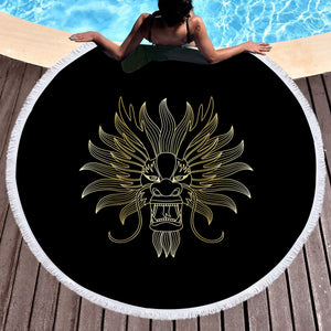 Golden Asian Dragon Head Black Theme SWST4598 Round Beach Towel