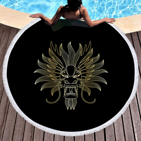 Image of Golden Asian Dragon Head Black Theme SWST4598 Round Beach Towel
