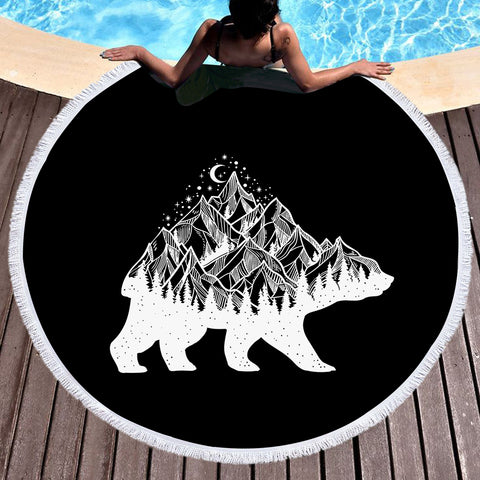 Image of B&W Night Mountain On The Bear Sketch SWST4600 Round Beach Towel