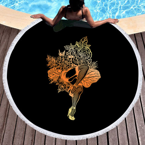 Image of Gradient Yellow & Orange Lady In The Flowers SWST4602 Round Beach Towel