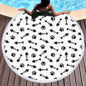 B&W Cute Fish Bone & Dog Footprint Monogram SWST4605 Round Beach Towel