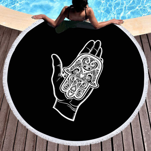 Image of B&W Tattoo Hand Illustration SWST4606 Round Beach Towel