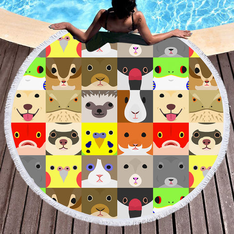 Image of Cute Cartoon Animals Checkerboard SWST4638 Round Beach Towel