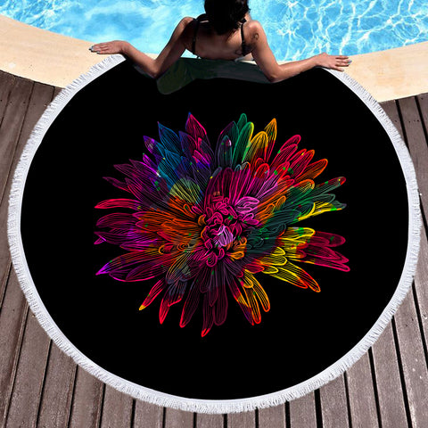 Image of Big Colorful Flower Black Theme SWST4641 Round Beach Towel
