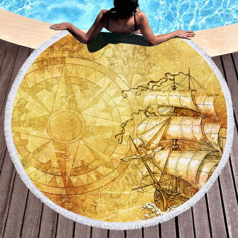 Image of Vintage Big Compass & Pirate Boat SWST4643 Round Beach Towel