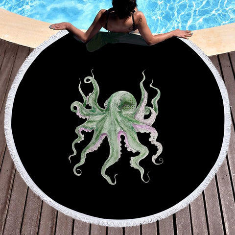 Image of Purple Green Octopus Black Theme SWST4660 Round Beach Towel