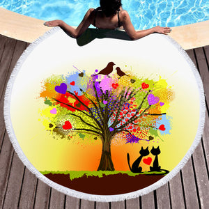 Birds & Cats Couple Colorful Tree Theme SWST4727 Round Beach Towel