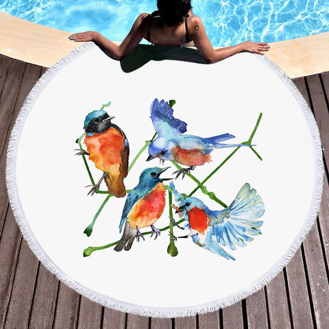 Image of Multi Watercolor Blue Sunbirds SWST4730 Round Beach Towel
