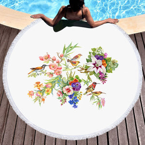 Multi Flowers & Sunbirds White Theme SWST4732 Round Beach Towel