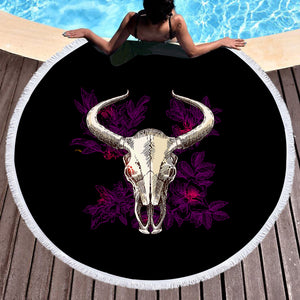 Vintage Dark Purple Floral Buffalo Skull SWST4733 Round Beach Towel