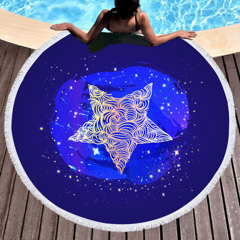 Image of Yellow Curve Star White Dot Blue Theme SWST4734 Round Beach Towel