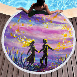 Watercolor Beautiful Love Scene Purple Theme SWST4736 Round Beach Towel