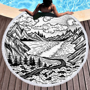 B&W Old School Vital Landscape Sketch SWST4738 Round Beach Towel