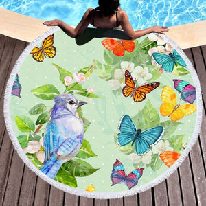 Watercolor Big Blue Sunbird & Colorful Butterflies SWST4739 Round Beach Towel