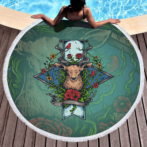 Image of Old School Colorful Floral Deer Head SWST4740 Round Beach Towel