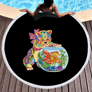 Colorful Geometric Cat & Fishbowl SWST4743 Round Beach Towel