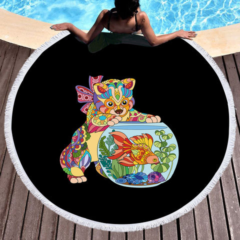 Image of Colorful Geometric Cat & Fishbowl SWST4743 Round Beach Towel