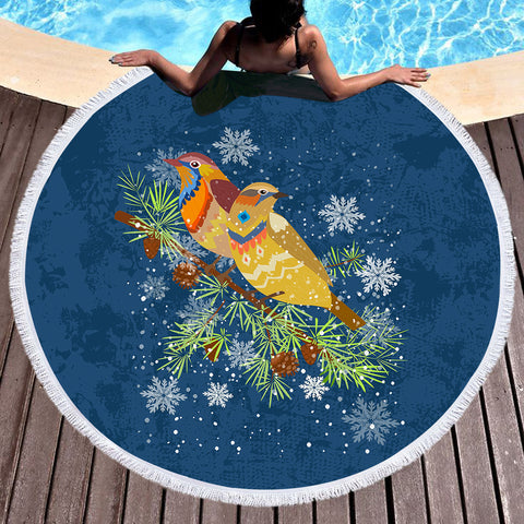 Image of Colorful Geometric Sunbirds In Snow Navy Theme SWST4745 Round Beach Towel