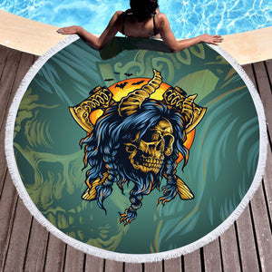 Old School Gold Buffalo Skull Warrior SWST4749 Round Beach Towel