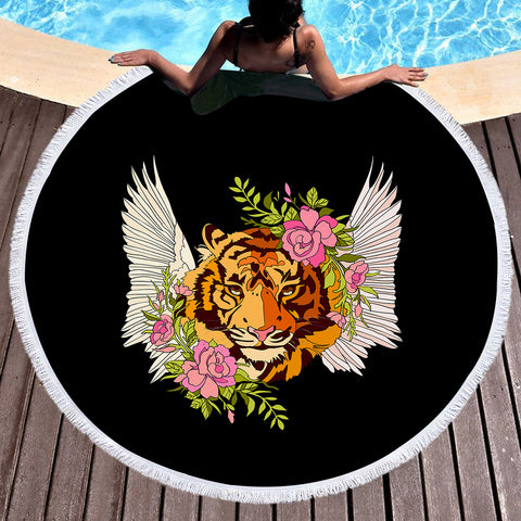 Image of Floral Tiger Wings Draw SWST4750 Round Beach Towel