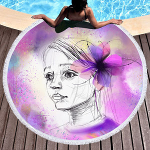 Purple Floral On Lady's Ear Sketch SWST4752 Round Beach Towel