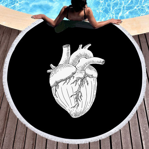 Image of B&W Heart Sketch SWST4756 Round Beach Towel