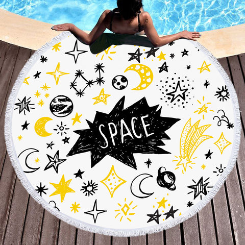 Image of Cute Space Childen Line Sketch SWST5155 Round Beach Towel