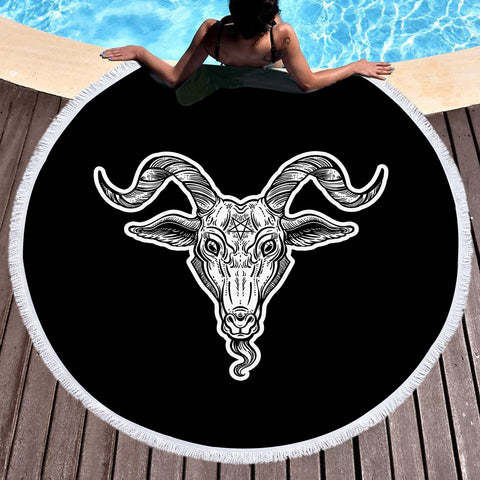 Image of B&W Gothic Goat Head Black Line SWST5159 Round Beach Towel